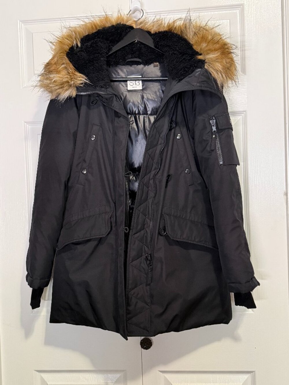 S13 New York Black Down & Feather Lined Parka Coat Faux Fur Hood Size S